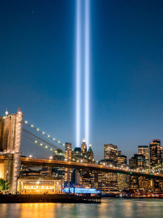 Views of Manhattan skyline during 9/11 light beams from DUMBO