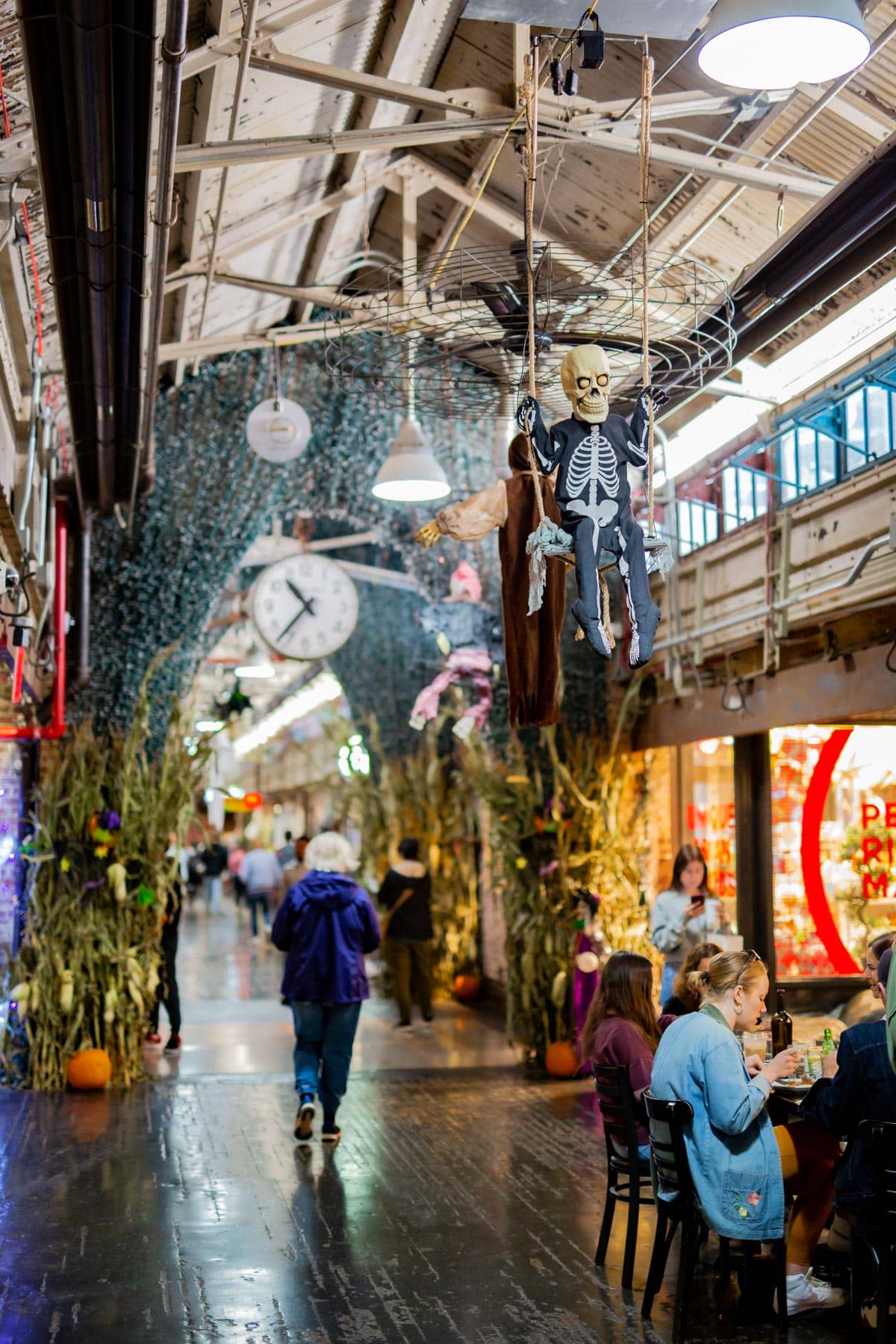 A skeleton decoration for Halloween at the Chelsea Market, best things to do Chelsea Market