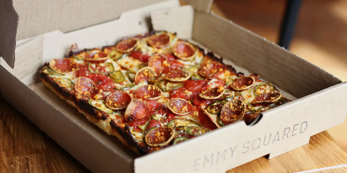Full pepperoni squared pie from Emmy Squared Pizza in Williamsburg