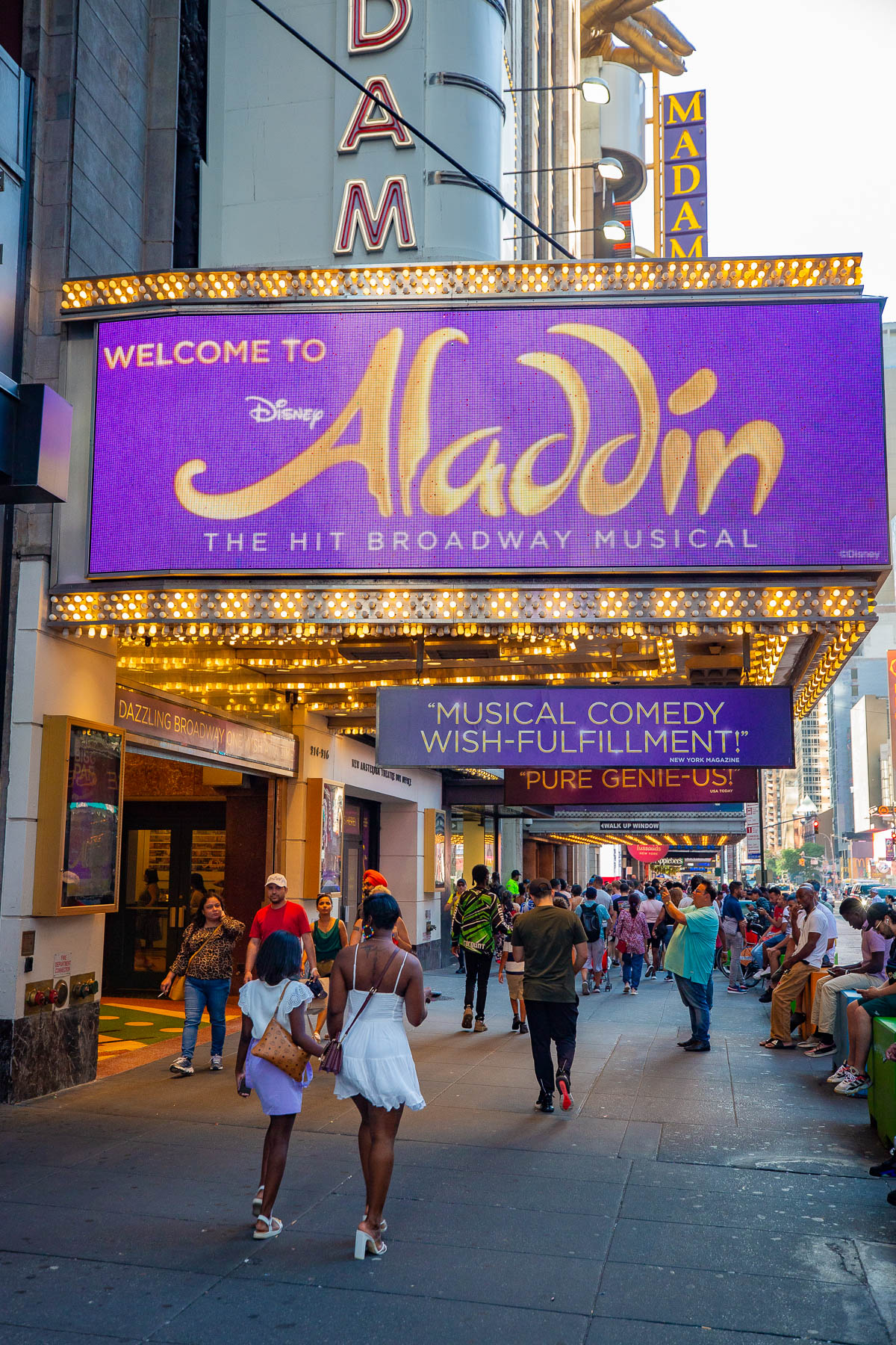 Exterior of Aladdin at the Amsterdam Theater in NYC, best shows on Broadway for kids