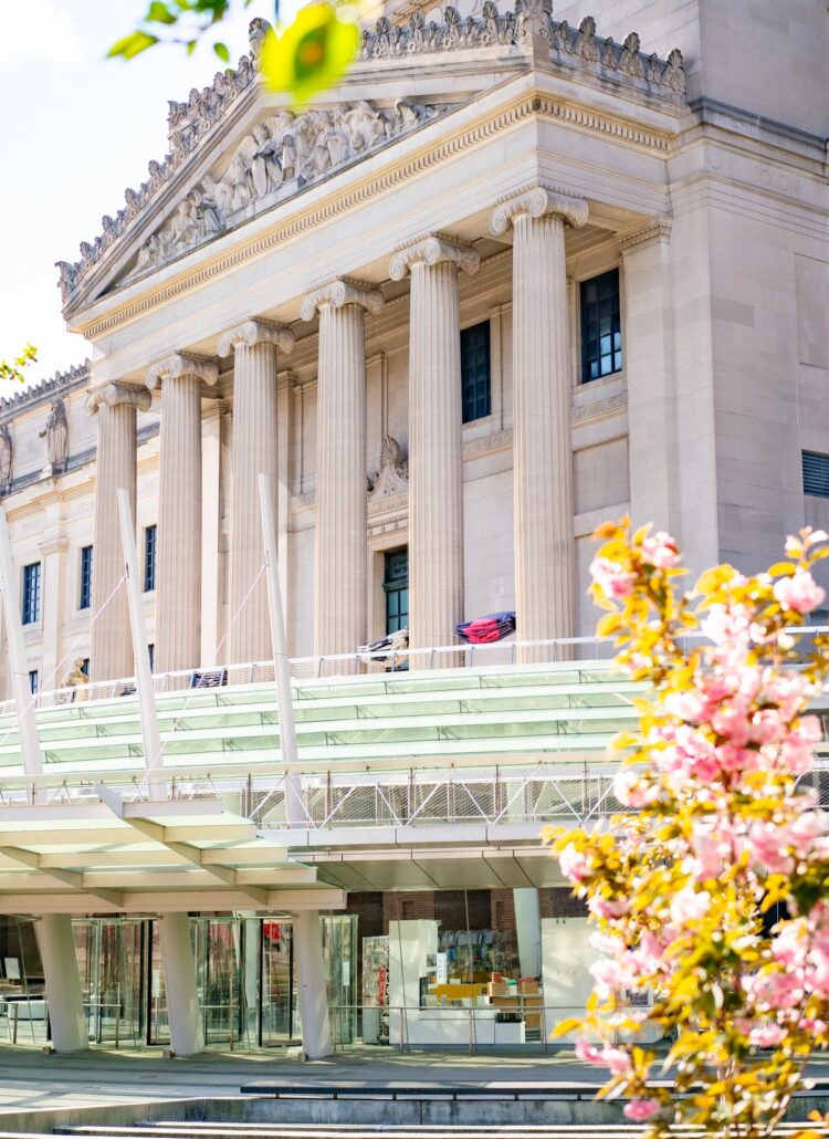 Exterior shot of the Brooklyn Museum is made with intricately carved architecture and large stone pillars surrounded by spring blooms and glass windows, one of the best kid-friendly museums in Brooklyn.