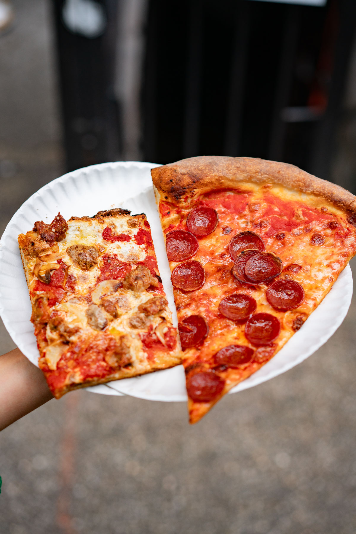 Pepperoni slice and meat lovers slice from Scarr's Pizza Lower East Side