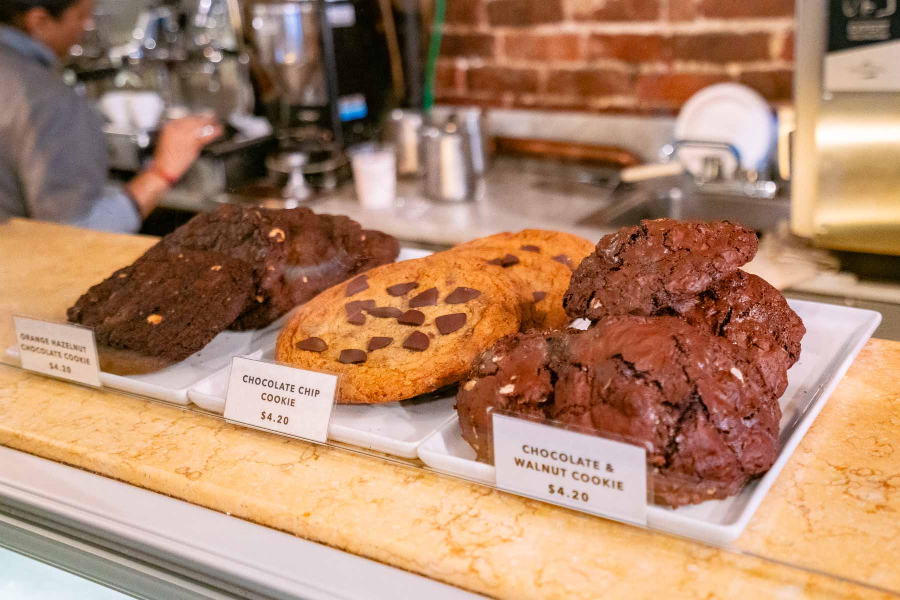 chocolate chip cookies on display at Almondine in DUMBO Brooklyn, a small bakery in the neighborhood.