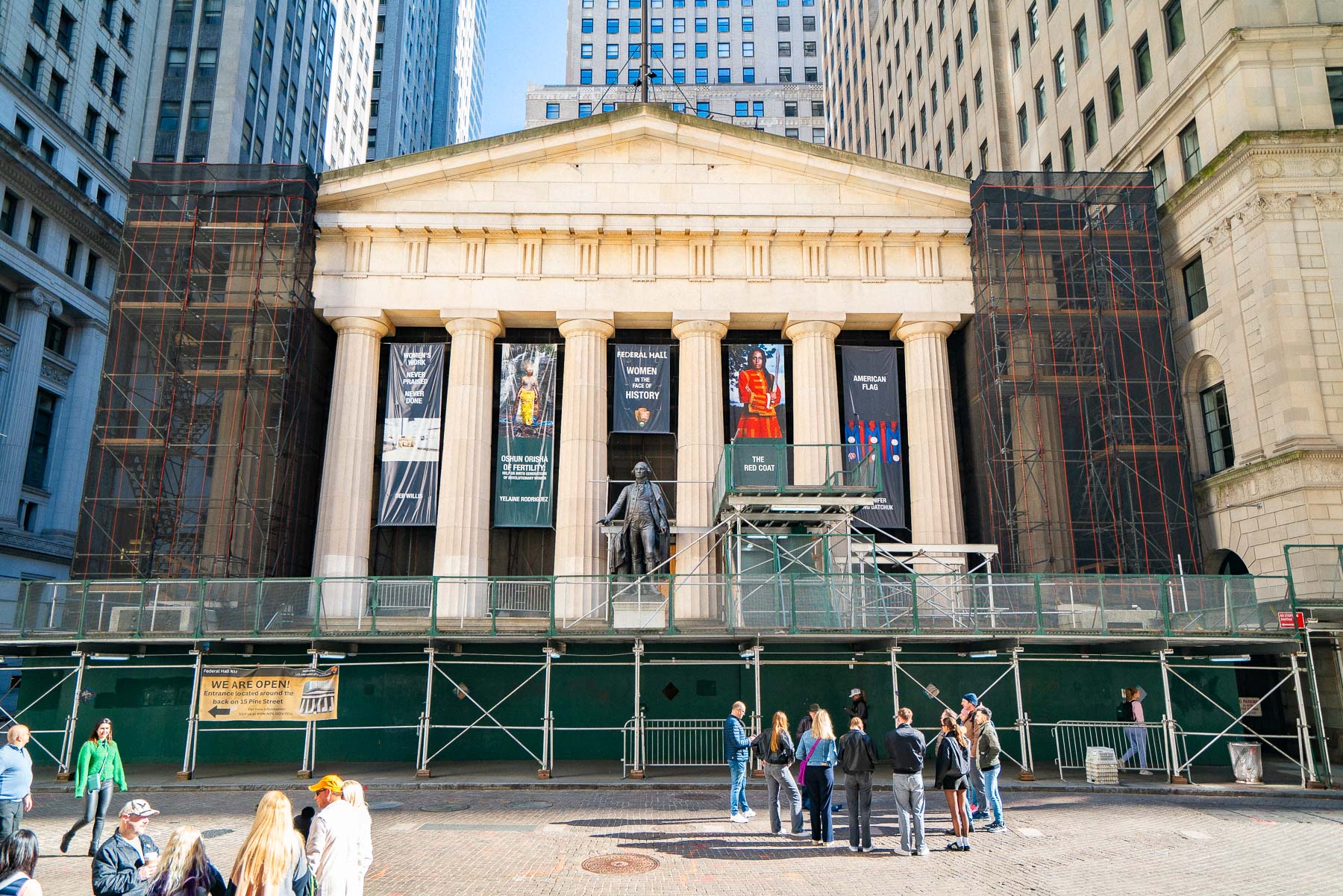 Exterior of Federal Hall while under construction, visiting is one of the best things to do in the Financial District