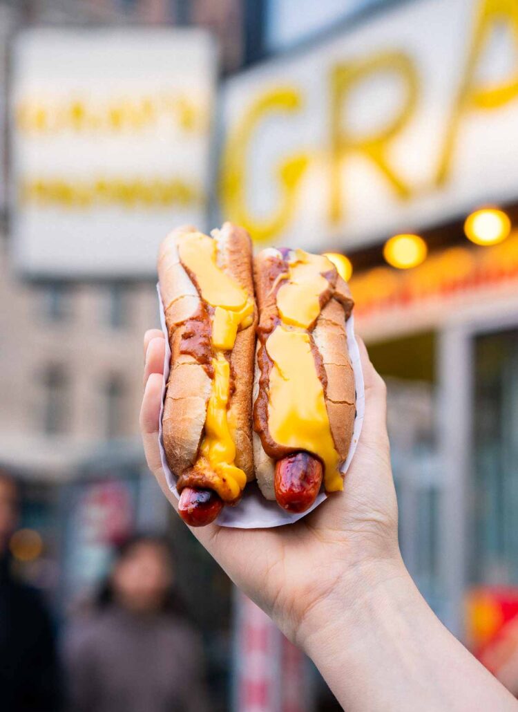 2 Chili Cheese Dogs from Grays Papaya in the Upper West Side, Iconic New York City foods to try