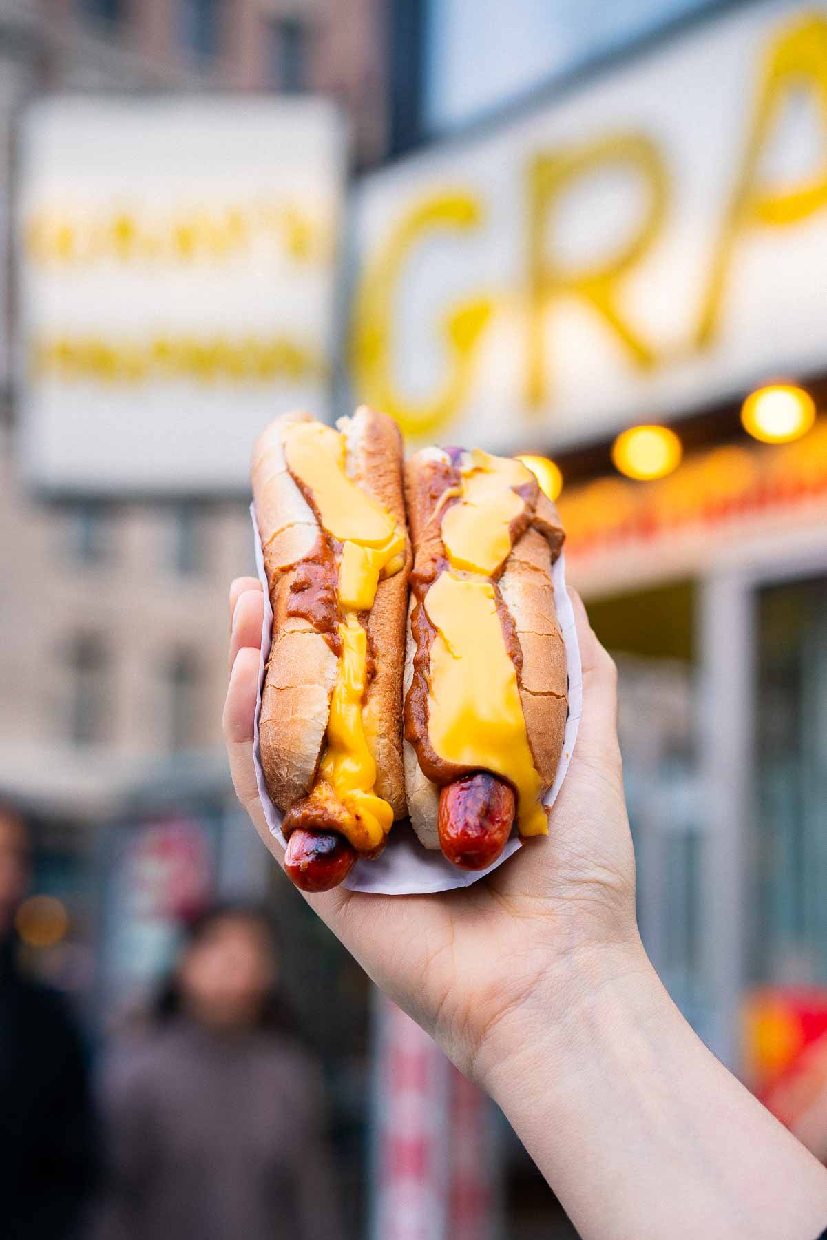 2 Chili Cheese Dogs from Grays Papaya in the Upper West Side, Iconic New York City foods to try
