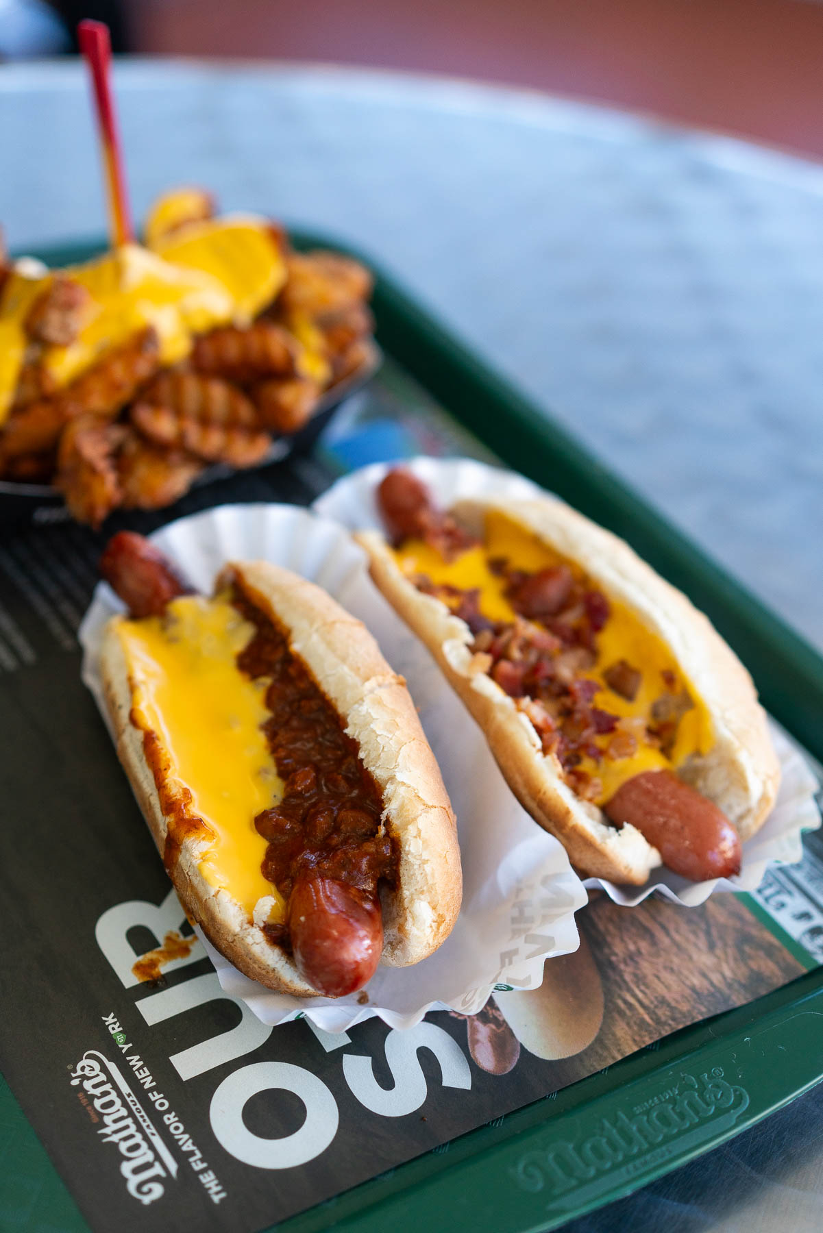 Nathan's Famous Hot Dogs Coney Island, Bacon cheese dog with cheese fries, Chili Cheese dog