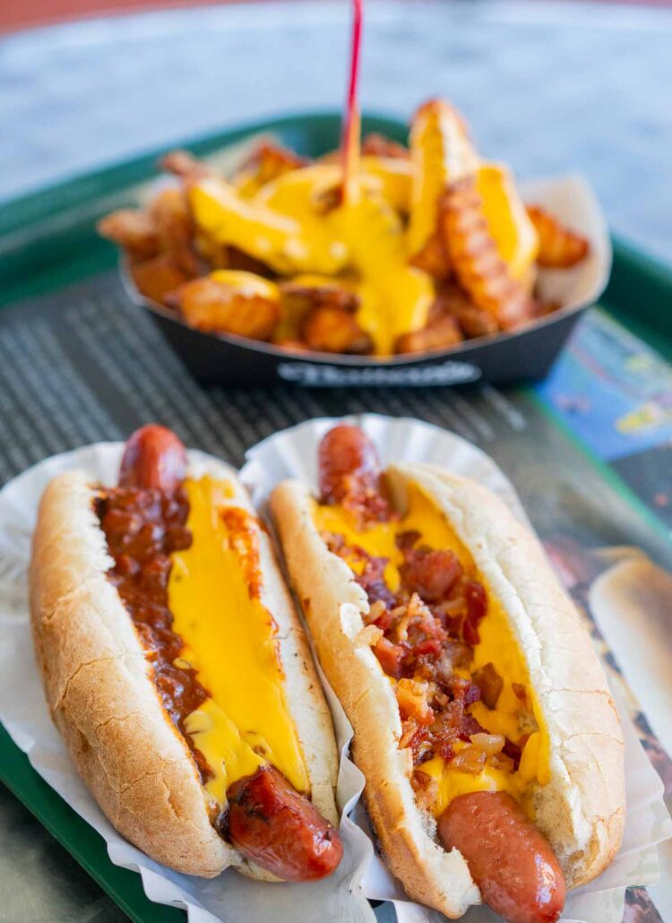 Chili cheese and bacon hot dogs from Nathan's Famous, one of the best things to do in Coney Island