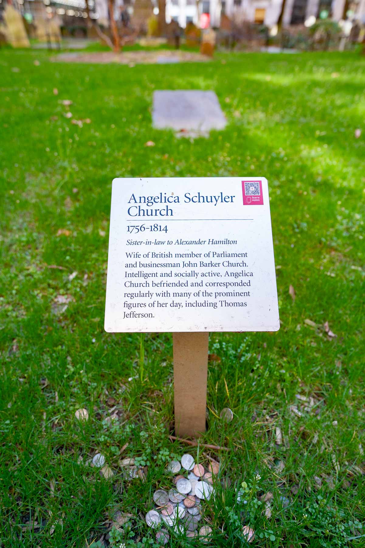 Angelica Schuyler's Marker in Trinity Church's Cemetery, near Alexander Hamilton's Grave in NYC