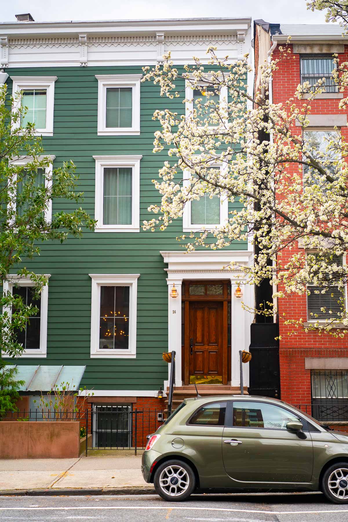 A white cherry blossom tree branch blooming in front of a green row house in Carroll Gardens Brooklyn, with a small green car parked in the front street, best neighborhoods to live in Brooklyn